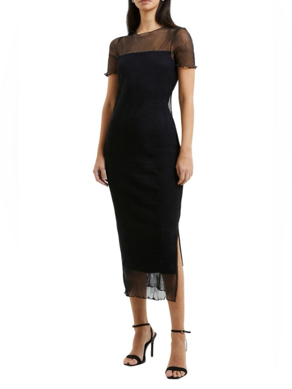 French Connection Saskia Black Sheer Mesh Yoke Midi Dress - Size XS